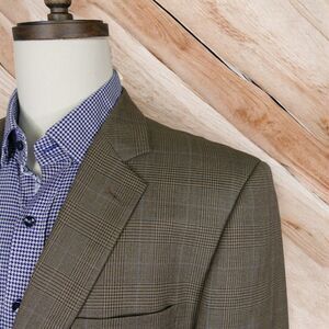 Joseph & Feiss Gold Sport Coat Blazer Mens 44L Brown Blue Glen Plaid 2 Button